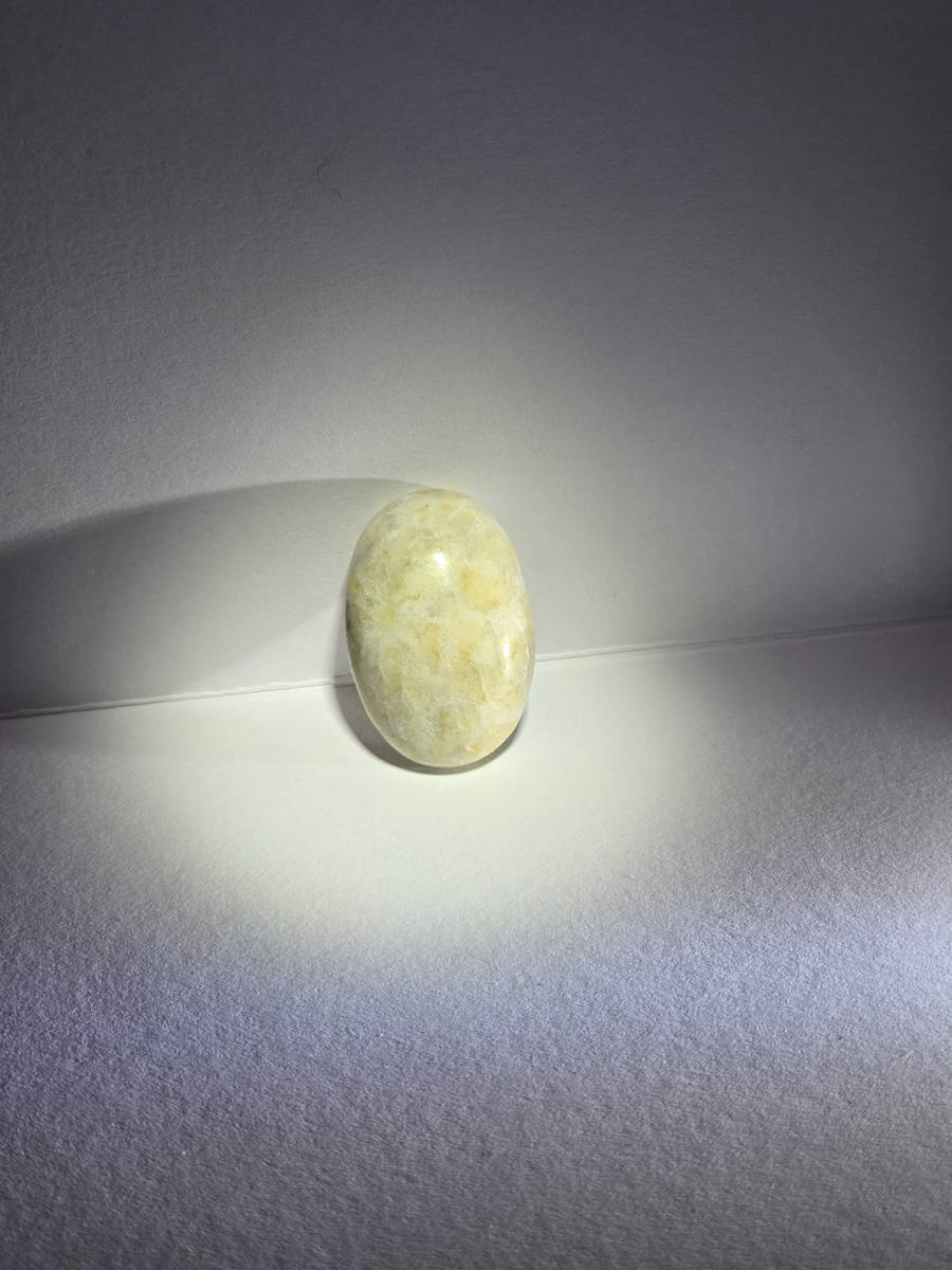 oval yellow serpentinite cab — egg drop soup, alternate view